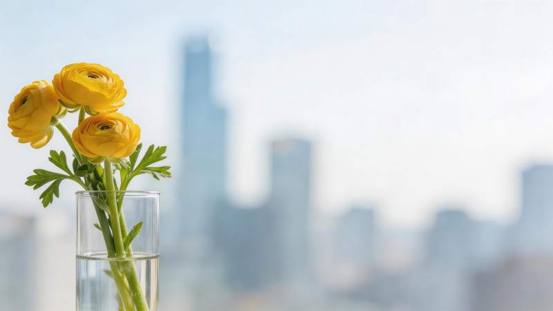 黄色花朵插在玻璃杯中背景为城市高楼图片