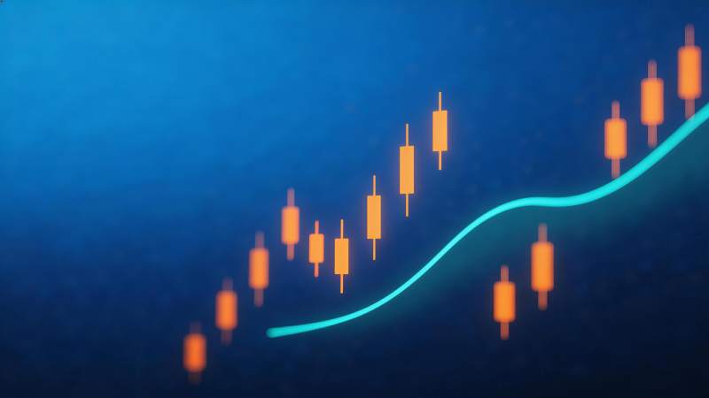 蓝色背景上的橙色K线图与上升趋势线图片