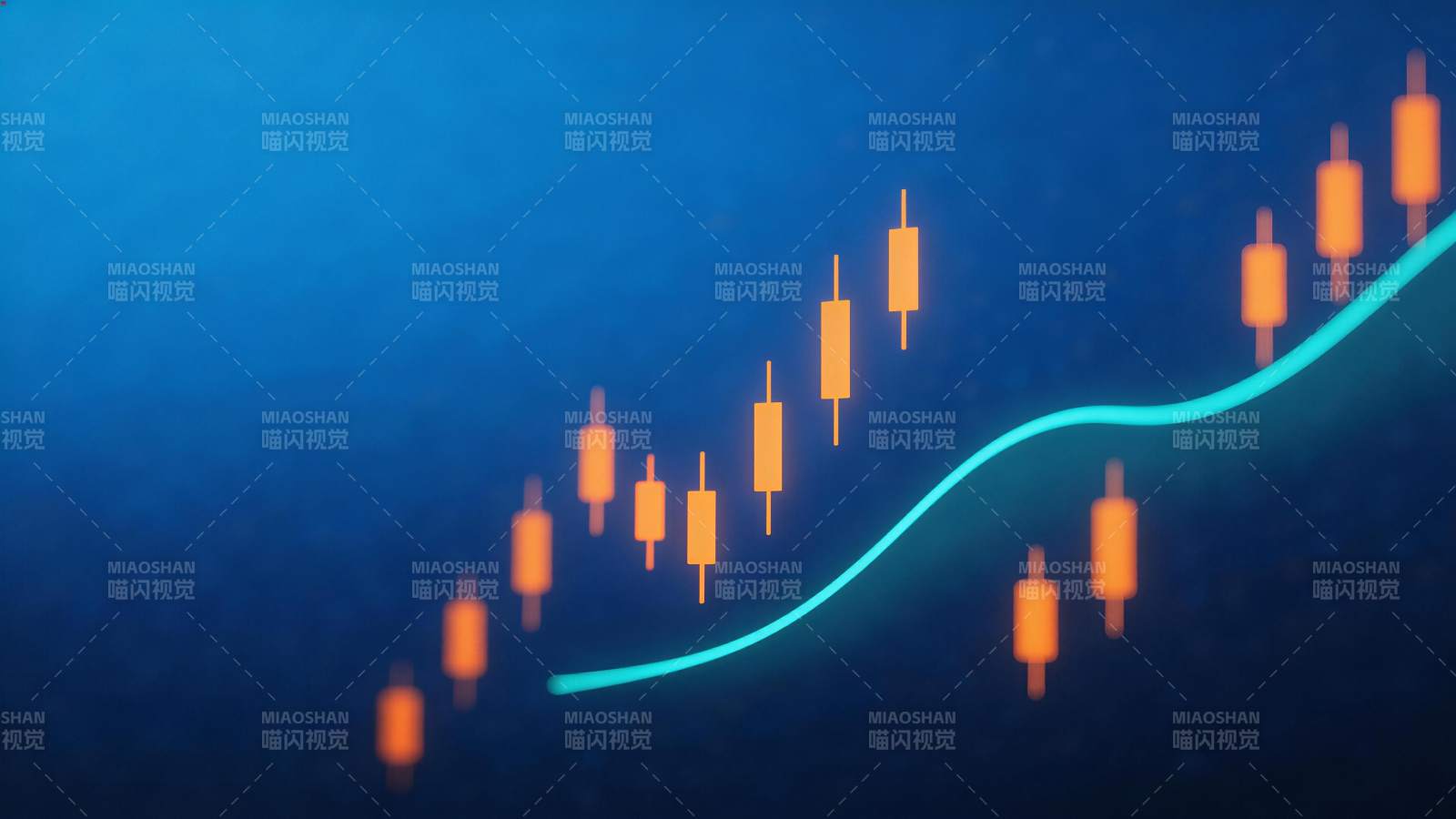 蓝色背景上的橙色K线图与上升趋势线图片