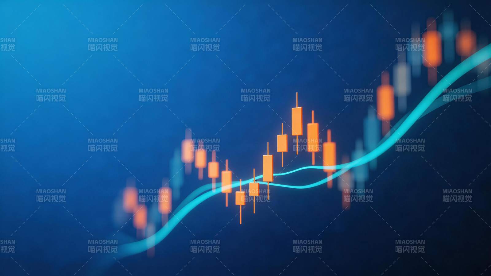 蓝色背景下的橙色K线图与上升趋势线图片