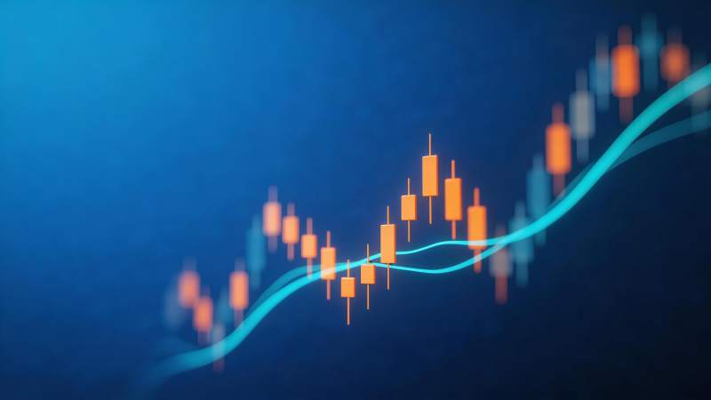 蓝色背景下的橙色K线图与上升趋势线图片