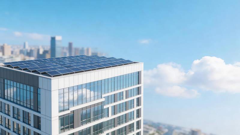 现代办公楼屋顶安装蓝色太阳能光伏板图片