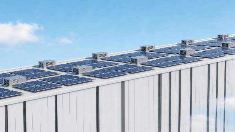 屋顶安装太阳能板与通风设备的工业建筑图片