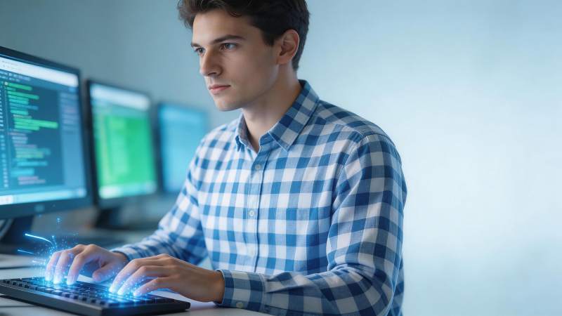 程序员专注编写代码的办公场景图片