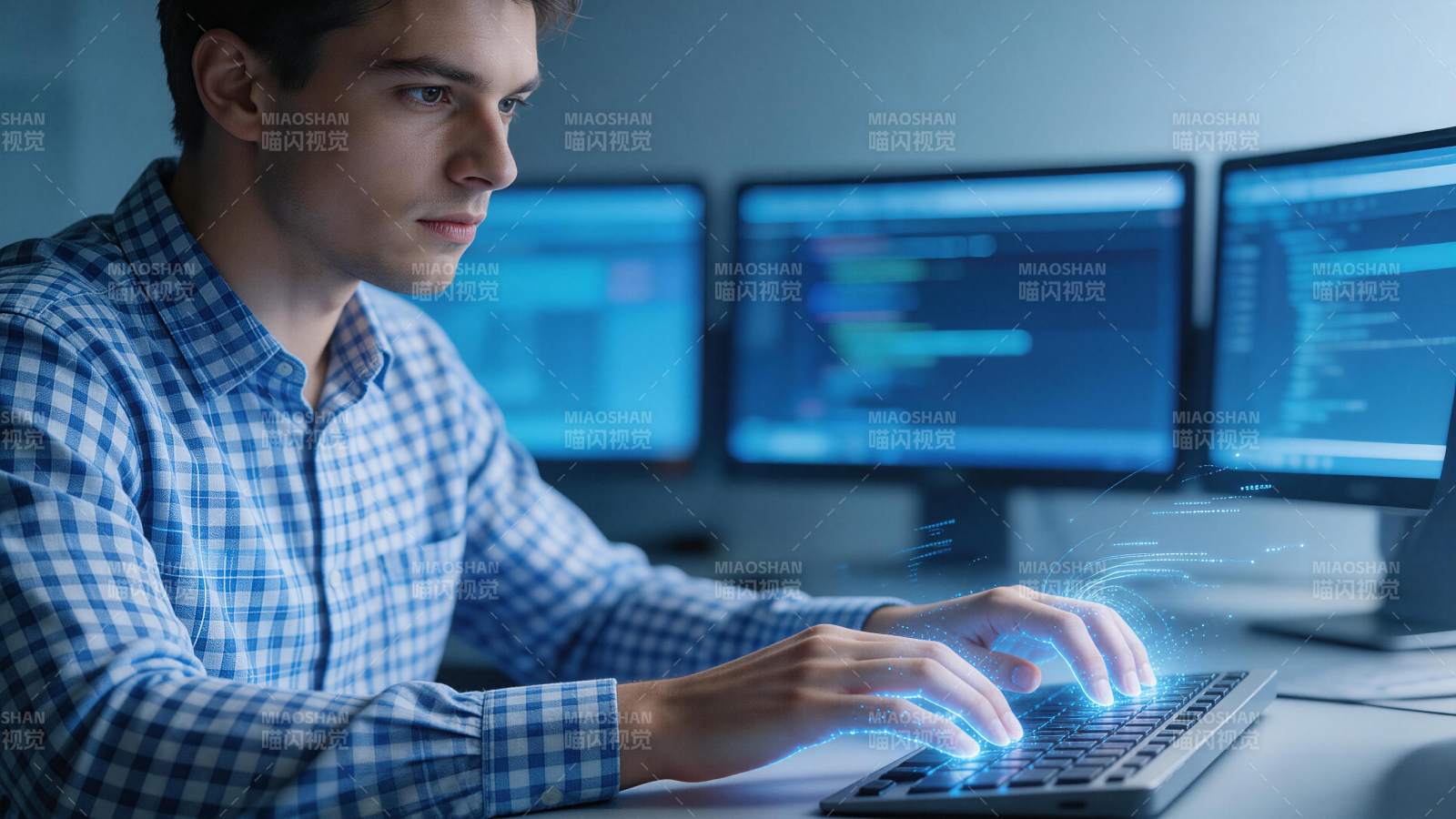 程序员专注编写代码操作发光键盘图片