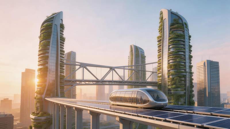 未来城市中太阳能轨道列车穿行绿植摩天楼群图片