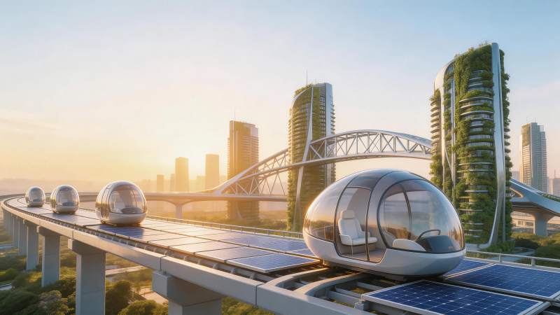 未来城市空中轨道上的透明胶囊列车图片