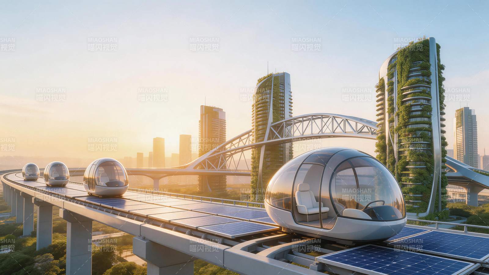 未来城市空中轨道上的透明胶囊列车图片