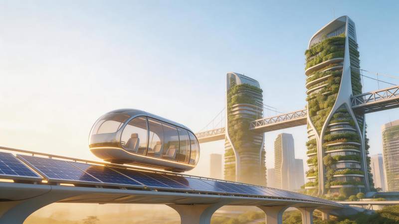 未来城市空中轨道列车与垂直绿化建筑群图片