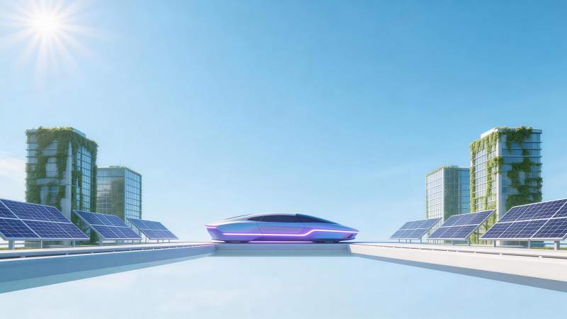 未来感太阳能汽车行驶在绿植覆盖城市高架上图片
