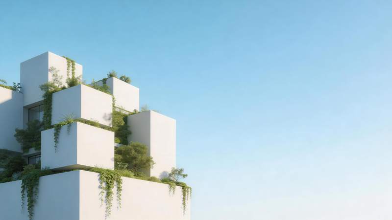 白色立方体建筑群与绿植融合的现代设计图片