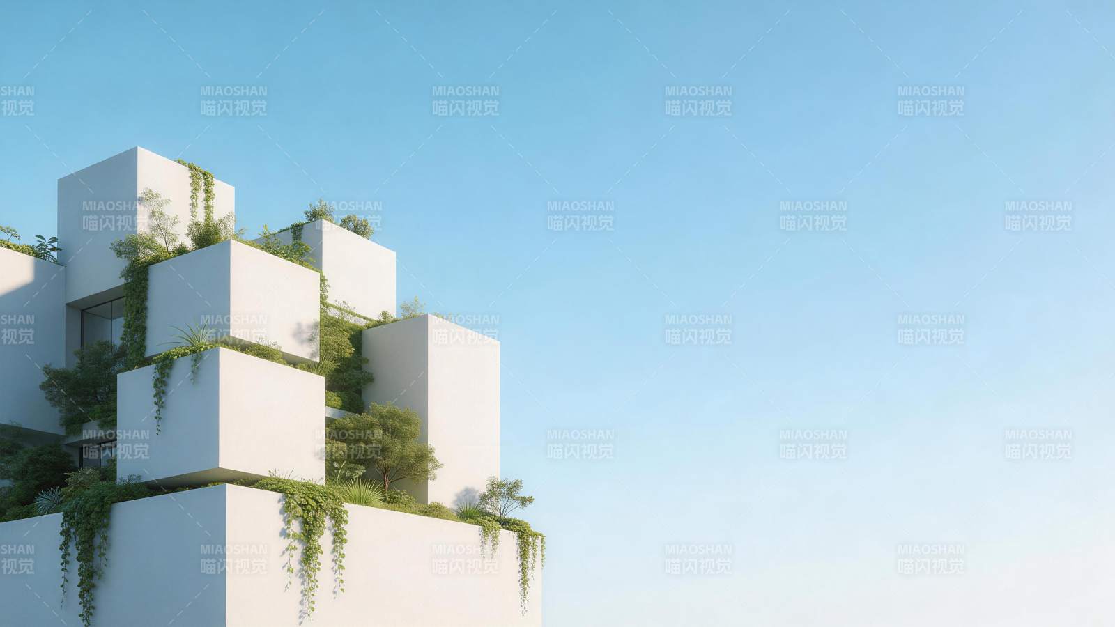 白色立方体建筑群与绿植融合的现代设计图片