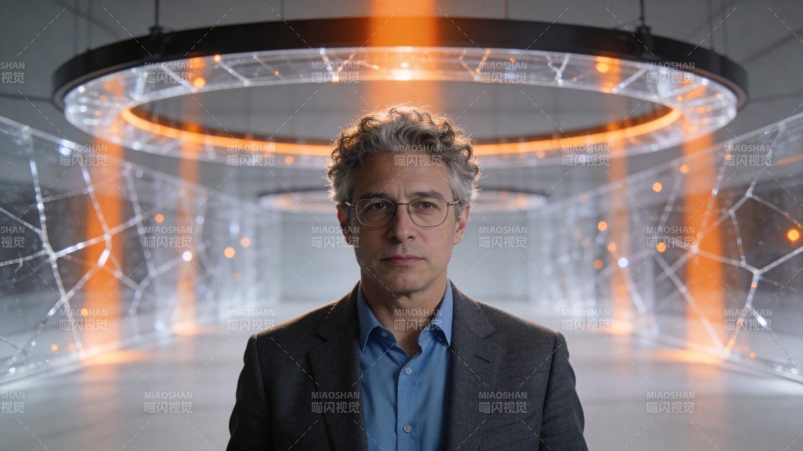 戴眼镜男子站在环形灯光与网格结构背景前图片