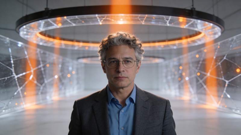 戴眼镜男子站在环形灯光与网格结构背景前图片