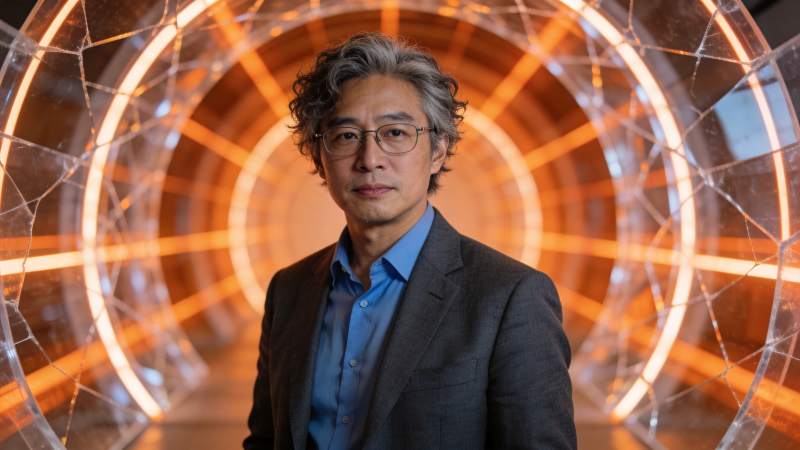 戴眼镜男子站在发光环形装置前图片