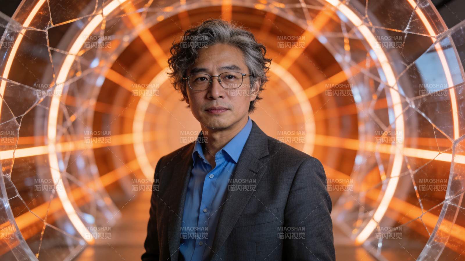 戴眼镜男子站在发光环形装置前图片