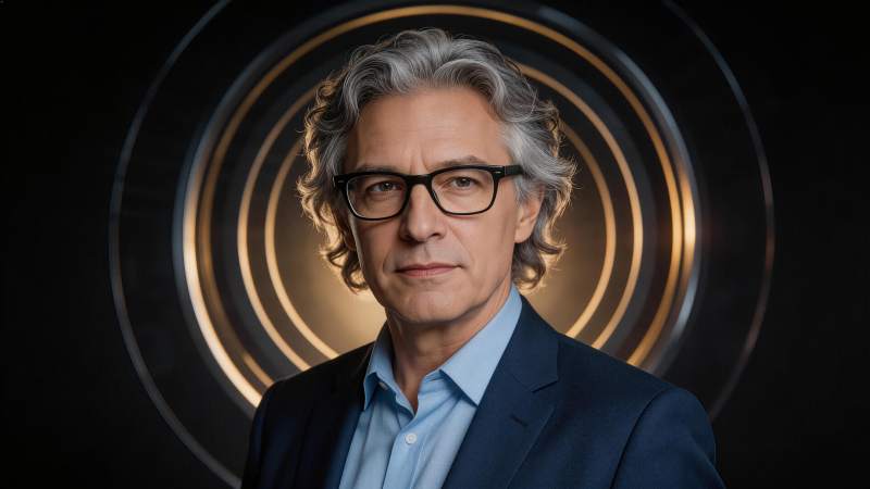 戴黑框眼镜灰发男子穿蓝衬衫深西装图片