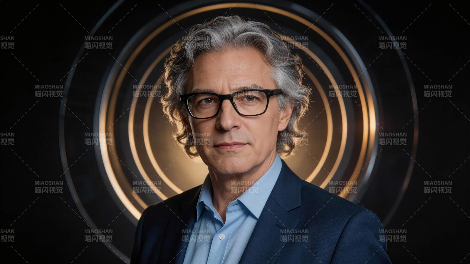 戴黑框眼镜灰发男子穿蓝衬衫深西装图片