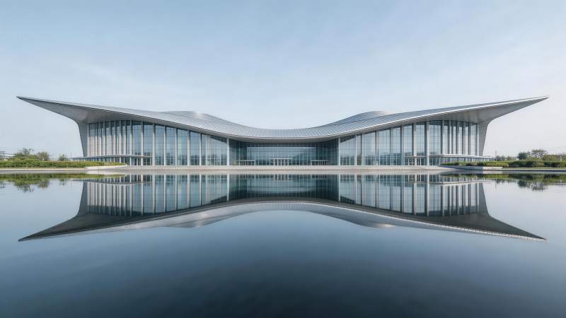 现代流线型建筑倒影于平静水面之上图片