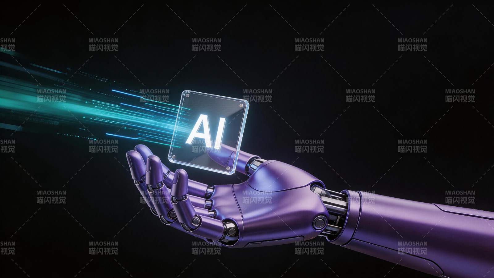 紫色机械手托举发光AI芯片展示科技感图片