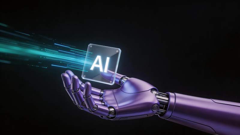 紫色机械手托举发光AI芯片展示科技感图片