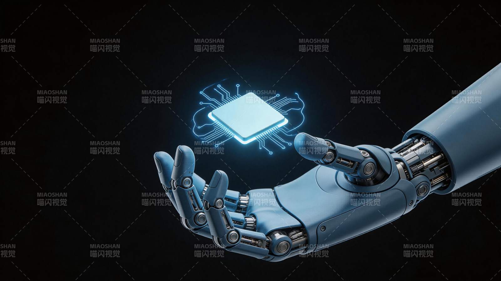 机械手臂托举发光芯片展示科技感图片