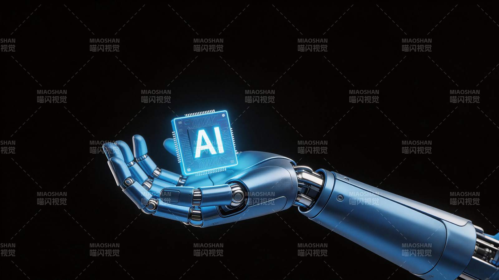 蓝色机械手托举发光AI芯片特写图片