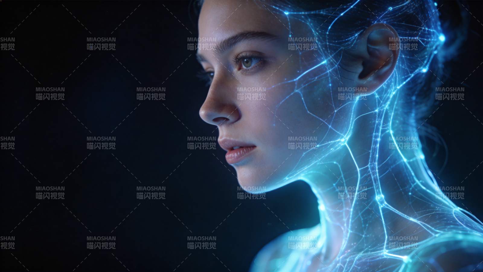 女性侧脸与蓝色神经网络光效融合图像图片