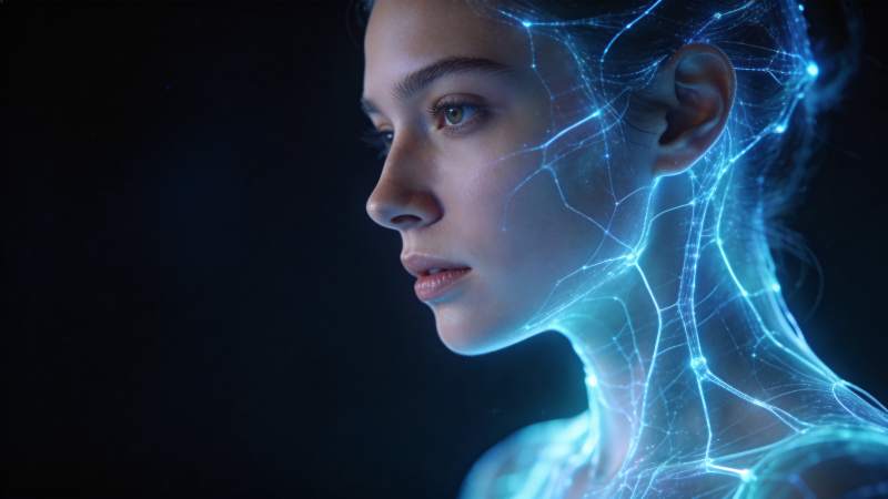 女性侧脸与蓝色神经网络光效融合图像图片