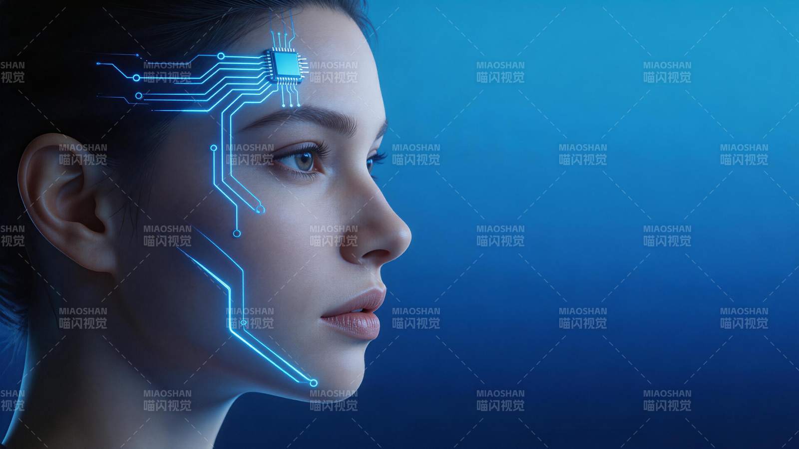 女性面部叠加蓝色电路芯片与神经线路图片