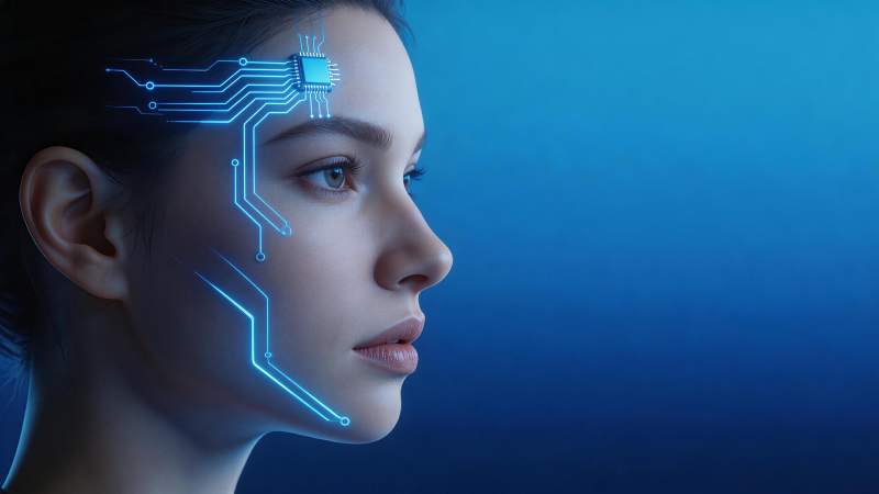 女性面部叠加蓝色电路芯片与神经线路图片