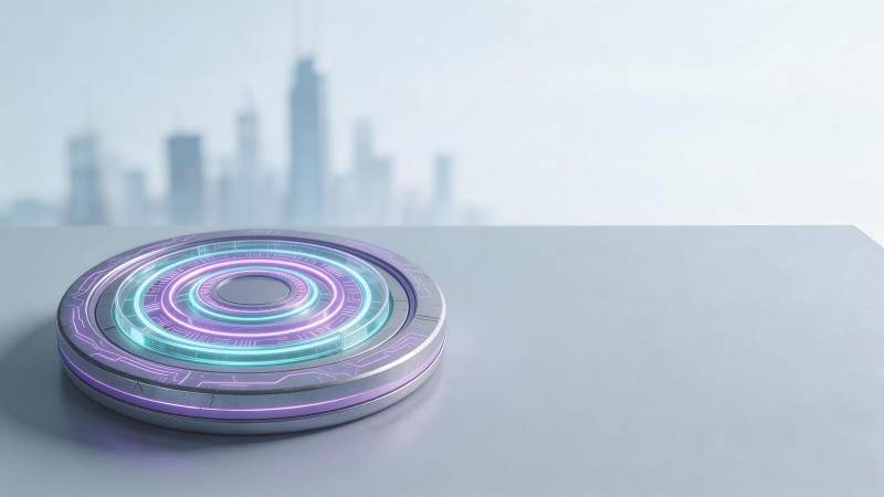 发光环形科技装置置于桌面城市背景前图片