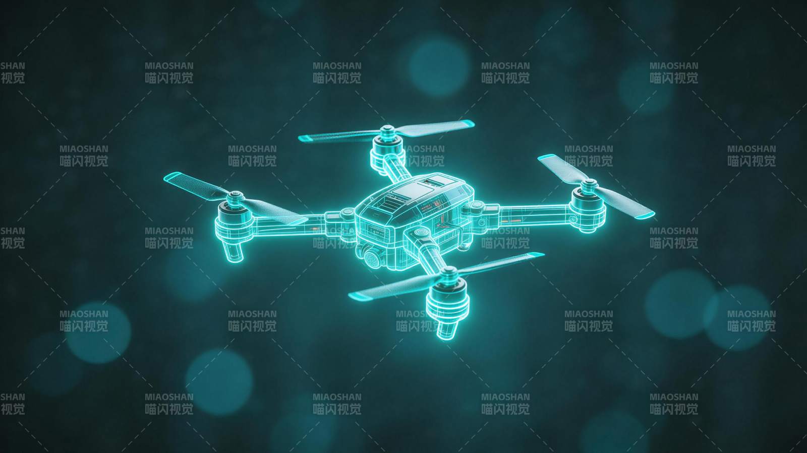 青色线框无人机悬浮于深色光斑背景中图片