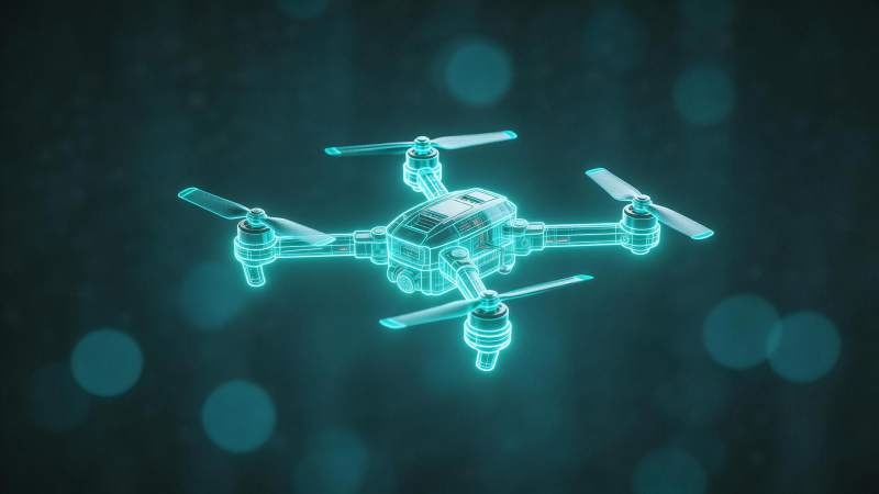 青色线框无人机悬浮于深色光斑背景中图片