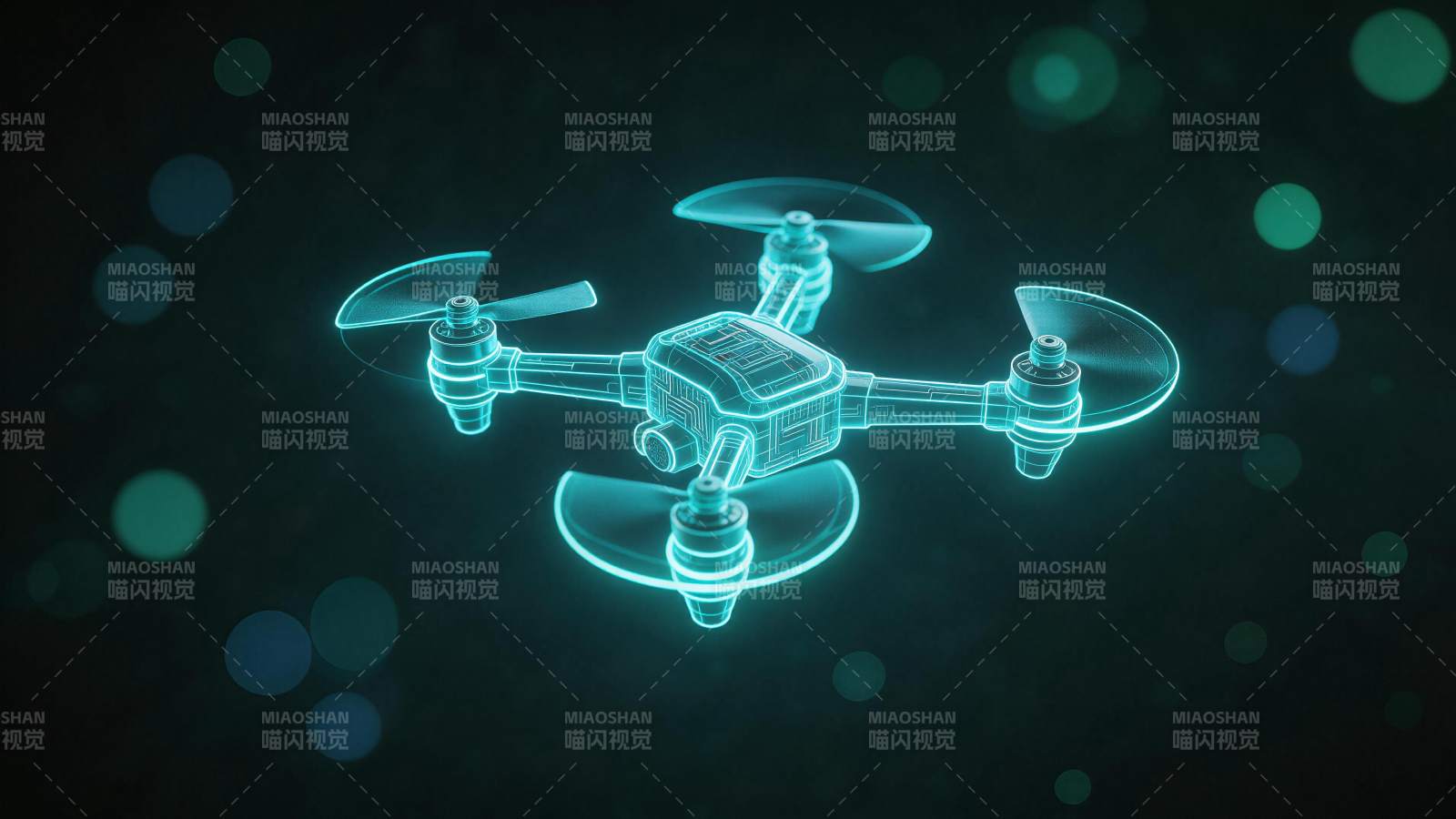 青色线框四轴飞行器悬浮于暗背景中图片