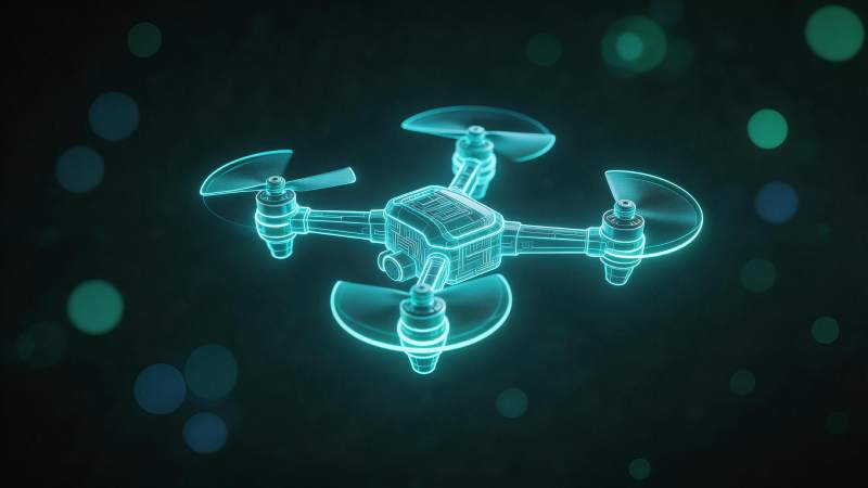 青色线框四轴飞行器悬浮于暗背景中图片