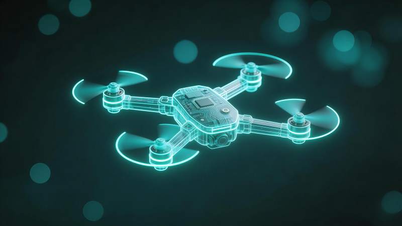 青色发光线框结构四旋翼无人机悬浮图图片