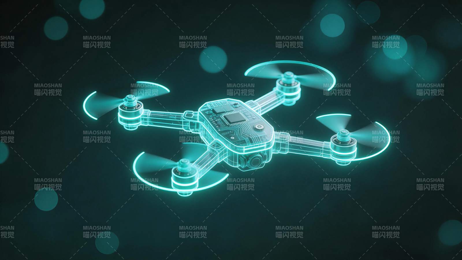 青色发光线框结构四旋翼无人机悬浮图图片