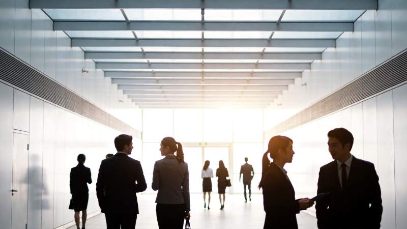 现代办公走廊中多位商务人士行走交谈图片