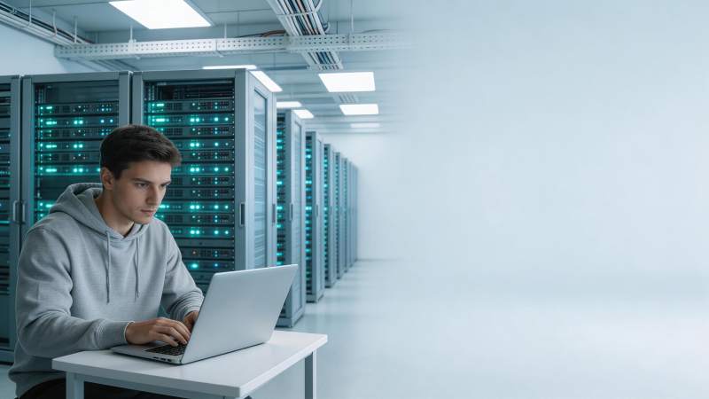 技术人员在数据中心操作笔记本电脑图片