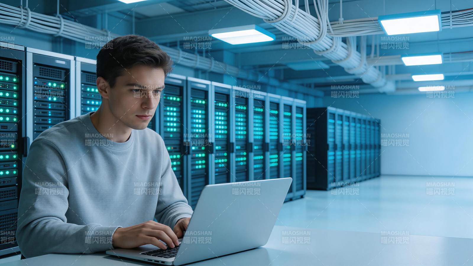 技术人员在数据中心操作笔记本电脑图片