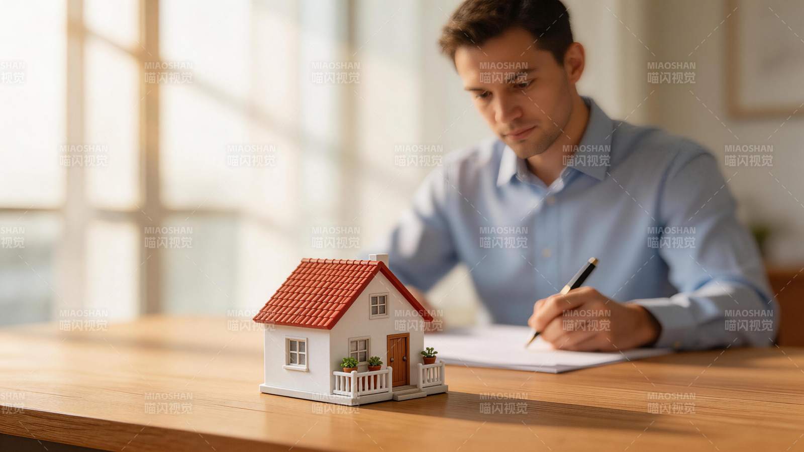 男子桌前书写文件旁置房屋模型图片