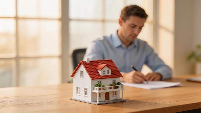 男子办公桌前签署文件旁置房屋模型图片