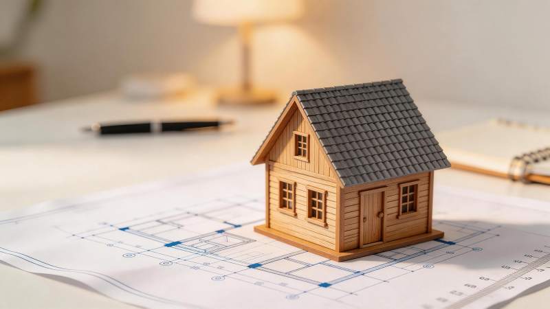 木质小屋模型置于建筑图纸之上图片