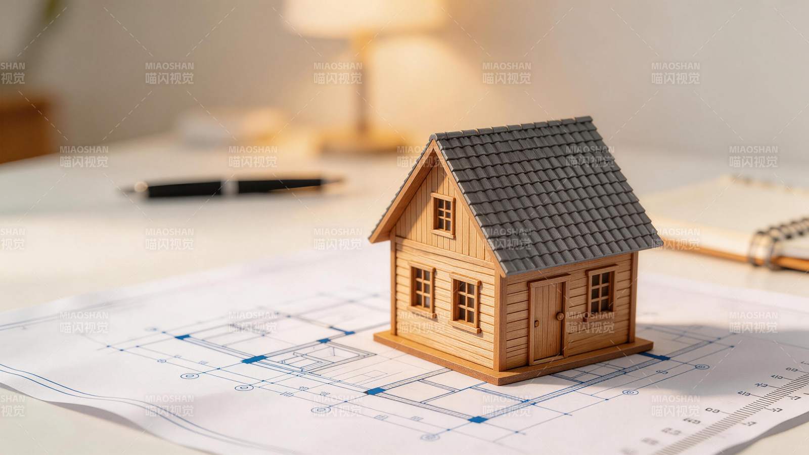 木质小屋模型置于建筑图纸之上图片