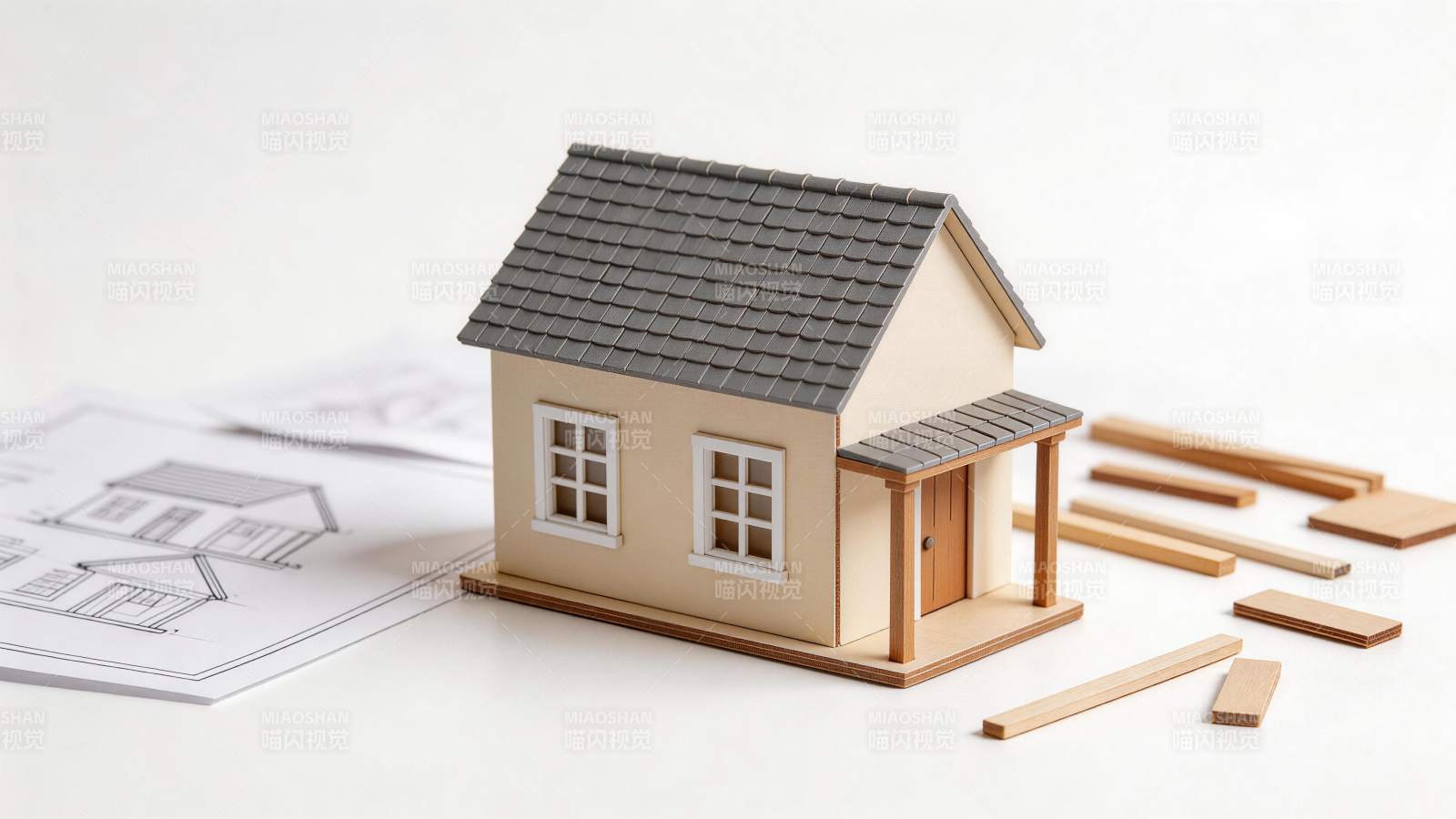 木质房屋模型与建筑图纸及木料组件图片