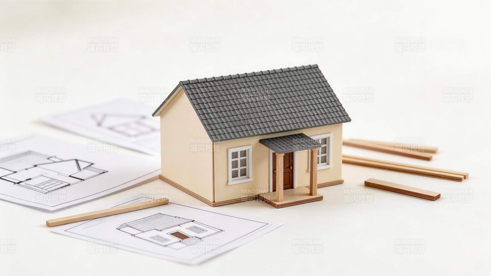 微型房屋模型与建筑图纸及木料摆放示意图图片