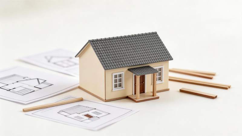 微型房屋模型与建筑图纸及木料摆放示意图图片