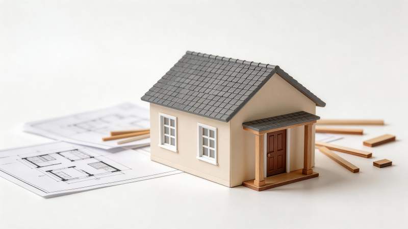 房屋模型与建筑图纸及木料摆放示意图图片