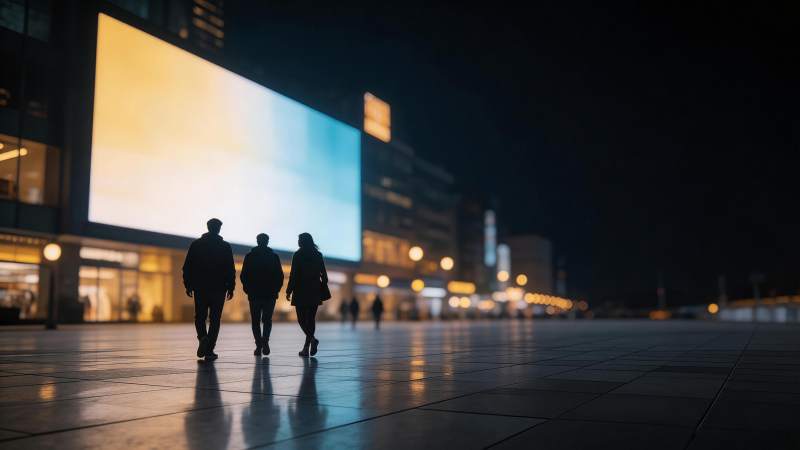 夜晚城市广场三人背影走向巨幕广告屏图片